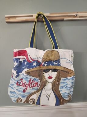 Brighton White Canvas Tote with Red, Blue and Yellow Accents